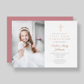 Elegante meisjesfoto eerste communie roze goud folie uitnodiging