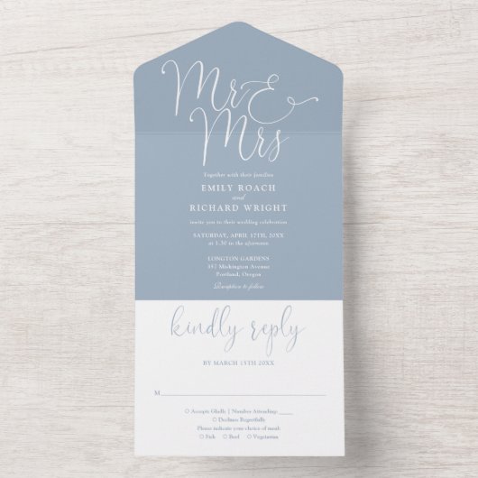 Elegante meneer en mevrouw Script Dusty Blue Weddi All In One Uitnodiging (Binnen)