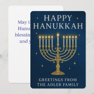 Elegante Menorah, sterren en Royal Blue Chanoeka Feestdagenkaart
