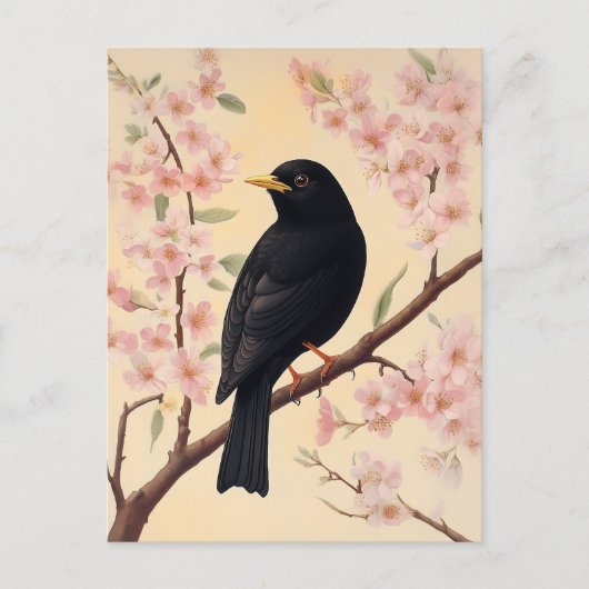 Elegante merel op bloesems briefkaart (Voorkant)