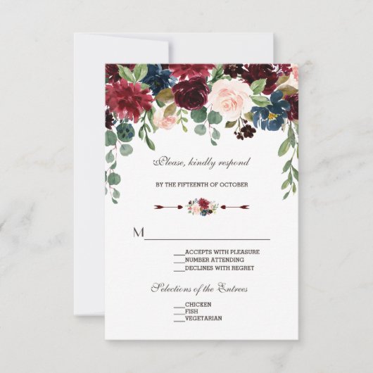 Elegante Merlot Marine Blauwe Bloemen Huwelijk RSV RSVP Kaartje (Voorkant)