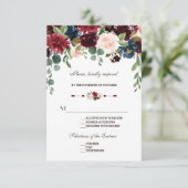 Elegante Merlot Marine Blauwe Bloemen Huwelijk RSV RSVP Kaartje (Staand voorkant)