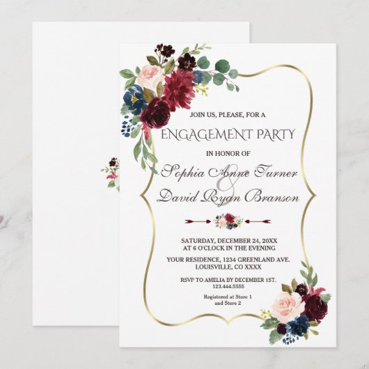 Elegante Merlot Navy Blauwe Bloem Verlovingsfeest Kaart (Voorkant / Achterkant)