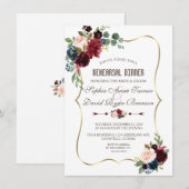 Elegante Merlot Navy Blauwe Bloemenoefenavondmaal Kaart (Voorkant / Achterkant)