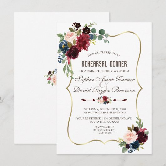 Elegante Merlot Navy Blauwe Bloemenoefenavondmaal Kaart (Voorkant / Achterkant)