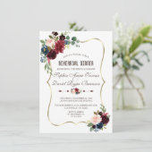 Elegante Merlot Navy Blauwe Bloemenoefenavondmaal Kaart (Staand voorkant)