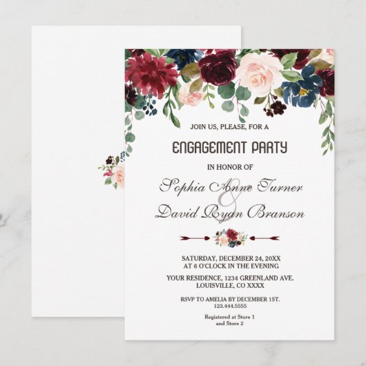 Elegante Merlot Navy Blauwe Bloemige Verlovingsfee Kaart (Voorkant / Achterkant)