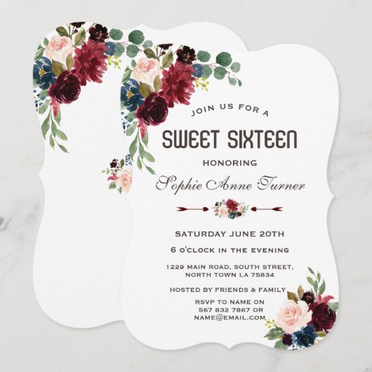 Elegante Merlot Navy Blauwe Bloemrijke Sweet 16 Kaart (Voorkant / Achterkant)