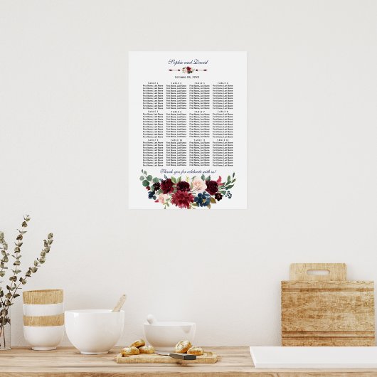 Elegante Merlot Navy Bloemen Bruiloft Zitplaatskaa Poster (Keuken)
