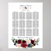 Elegante Merlot Navy Bloemen Bruiloft Zitplaatskaa Poster (Voorkant)