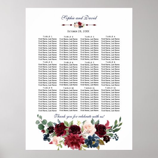 Elegante Merlot Navy Bloemen Bruiloft Zitplaatskaa Poster (Voorkant)