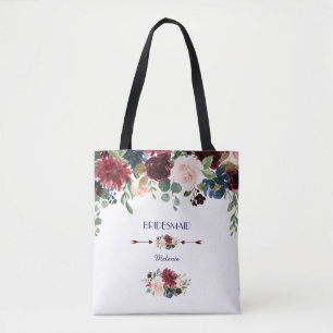 Elegante Merlot Navy Blue Floral bruidsmeisje Tote Bag