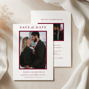 Elegante Merlot Rode Tweezijdige Huwelijksfoto Save The Date