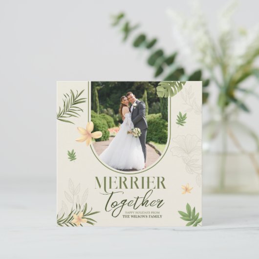 Elegante Merrier Samen Groene Bladeren Thema Feestdagenkaart (Staand voorkant)
