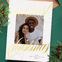 Elegante Merriest Kerstmis Kalligrafie Foto Goud Folie Feestdagenkaart