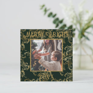 Elegante Merry & Bright Foto Groen Vintage Feestdagenkaart