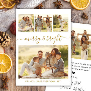 Elegante Merry & Bright Gouden Script 4 Foto Colla Feestdagenkaart