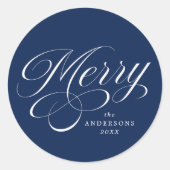 Elegante Merry Calligraphy Script Navy Vakantie Ronde Sticker (Voorkant)