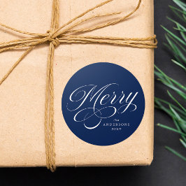 Elegante Merry Calligraphy Script Navy Vakantie Ronde Sticker