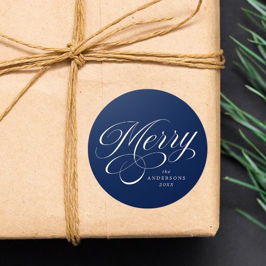 Elegante Merry Calligraphy Script Navy Vakantie Ronde Sticker