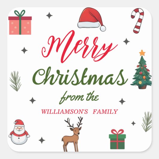Elegante Merry Christmas Custom Family Naam Vierkante Sticker (Voorkant)