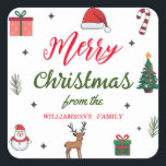 Elegante Merry Christmas Custom Family Naam Vierkante Sticker<br><div class="desc">Maak uw kerstvieringen dit jaar extra speciaal met een gepersonaliseerde sticker die de sfeer van het seizoen vastlegt. Deze vierkante sticker is voorzien van een feestelijk "Merry Christmas" -ontwerp in combinatie met de naam van uw familie, waardoor een hartverwarmende en unieke decoratie wordt gecreëerd die kan worden gebruikt op kaarten,...</div>