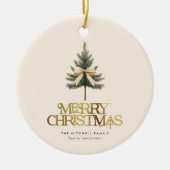 Elegante Merry Christmas Pine Tree Bow Familiefoto Keramisch Ornament (Voorkant)