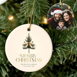 Elegante Merry Christmas Pine Tree Bow Familiefoto Keramisch Ornament