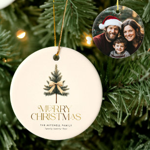 Elegante Merry Christmas Pine Tree Bow Familiefoto Keramisch Ornament