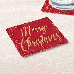Elegante Merry Christmas Red & Gold Script Stars Kartonnen Onderzetters
