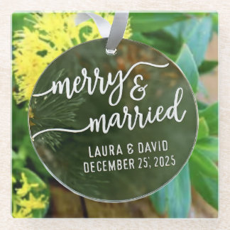Elegante “Merry & Married” Kerst Ornament Glazen Onderzetter