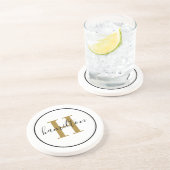 Elegante messing zwarte ronde monogram script zandsteen onderzetter (Zijkant)