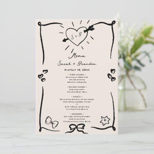 Elegante met de hand getekende retro zwarte trouwm kaart (Staand voorkant)