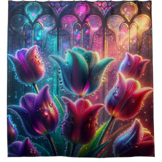 "Elegante met regen doordrenkte tulpen in de ramen Douchegordijn