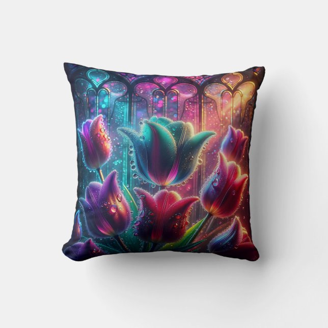 "Elegante met regen doordrenkte tulpen in de ramen Kussen (Voorkant)