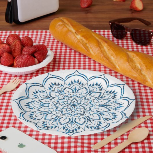 Elegante metaalblauwe Mandala decoratie Papieren Bordje (Picknick)