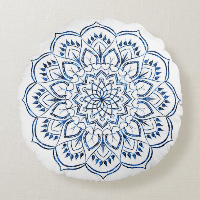 Elegante metaalblauwe Mandala decoratie Rond Kussen (Voorkant)