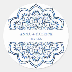 Elegante metallic blauwe mandala gepersonaliseerd ronde sticker