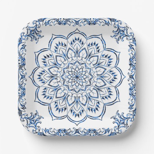 Elegante Metallic Blauwe Mandala Papieren Bordje (Voorkant)