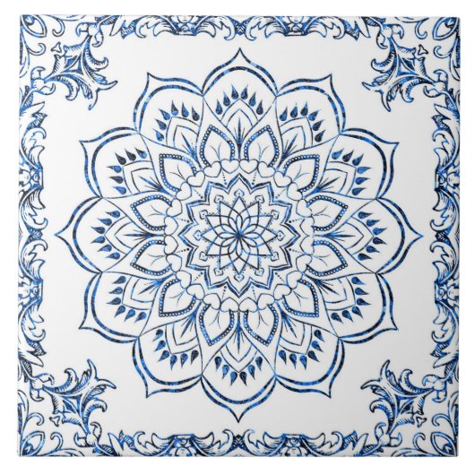 Elegante Metallic Blauwe Mandala Tegeltje (Voorkant)