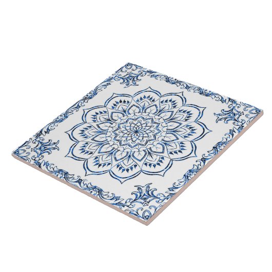 Elegante Metallic Blauwe Mandala Tegeltje (Zijkant)
