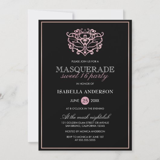 Elegante Metallic Blush Pink Masquerade Sweet 16 Kaart (Voorkant)