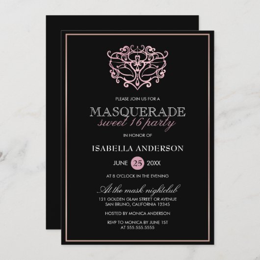 Elegante Metallic Blush Pink Masquerade Sweet 16 Kaart (Voorkant / Achterkant)