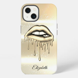 Elegante Metallic Druppelende Lippen Nep Goud iPhone 13 Hoesje