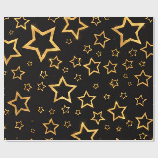 Elegante Metallic Gouden Sterren op Zwart Inpakpap Cadeaupapier