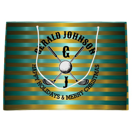Elegante Metallic Groen-Goud Golf Monogram Groot Cadeauzakje (Voorkant)