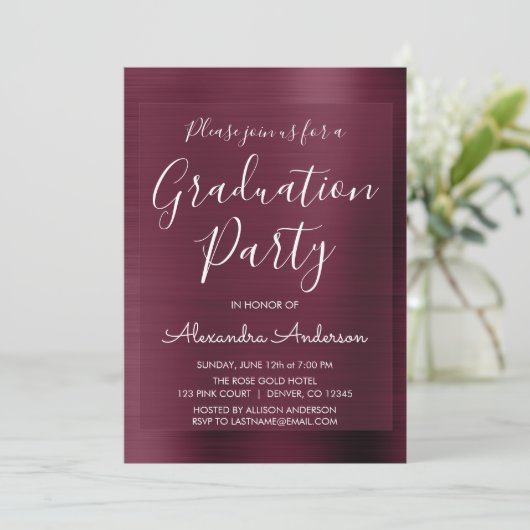 Elegante Metallic Paarse Bourgogne Graduation Part Kaart (Staand voorkant)