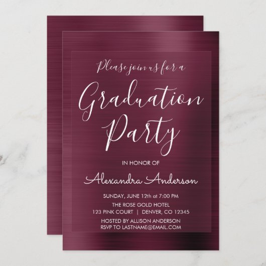 Elegante Metallic Paarse Bourgogne Graduation Part Kaart (Voorkant / Achterkant)