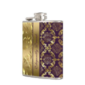 Elegante Metallic Paarse & Gouden Damasks en Kant  Heupfles (Links)