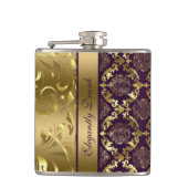 Elegante Metallic Paarse & Gouden Damasks en Kant  Heupfles (Voorkant)